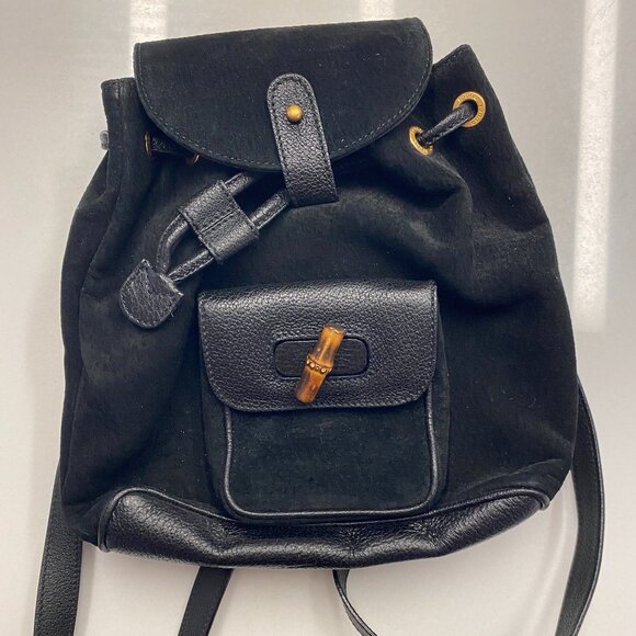 GUCCI Bamboo Backpack Suede Leather Black Gold 003 1705 0030 Auth nb031 main image 10